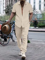 2024 New Fashion Summer Men's Solid Color Striped Casual Cardigan Short-Sleeved Shirt And Trousers Two-Piece S-XXXL Street Wear