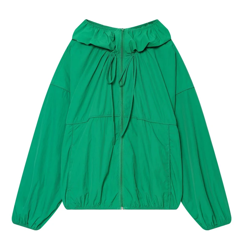 Women Thin Sun Protective Jacket Bright Green Ruffle Drawstring Collar Full Zip Long Sleeve Casual Daily Outdoor Outer Coat
