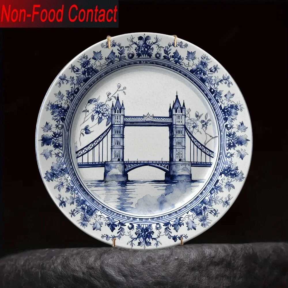 1pc London Tower Bridge Blue and White Ceramic Decorative Plate - Round Non-Food Contact Ornamental Plate Suitable for Home,