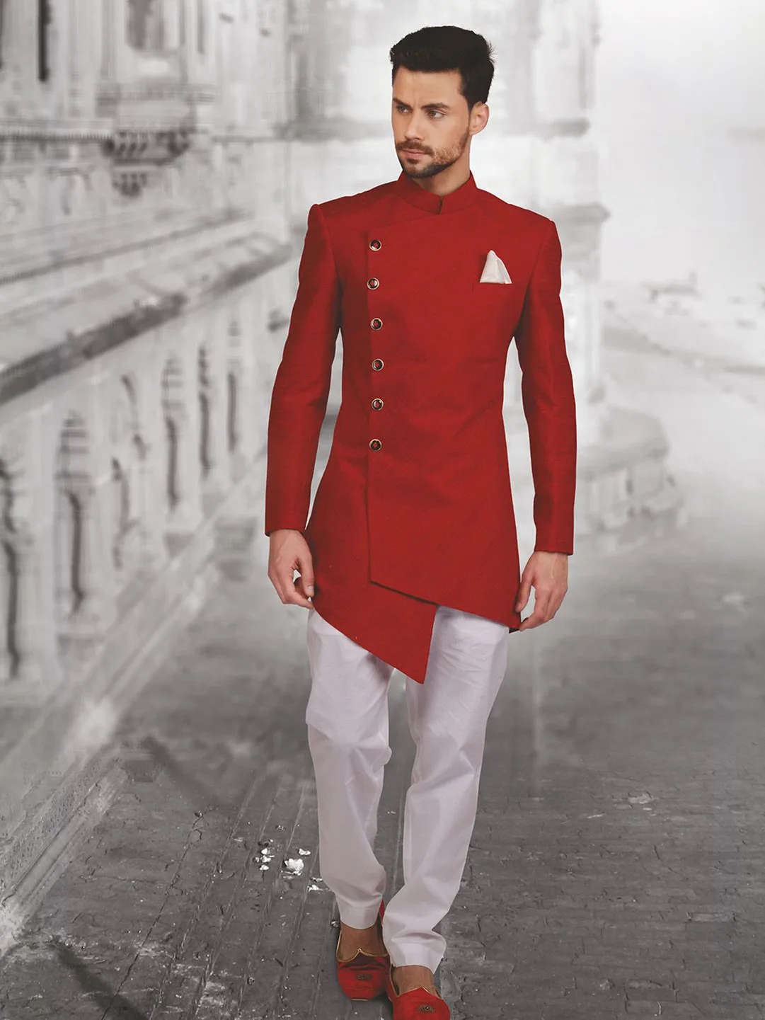 

2024 Latest Design Long Men's Suit Indian Wedding Groom Dress Custom Made Smoking Red Jacket Pants Terno Masculino Wedding Suits