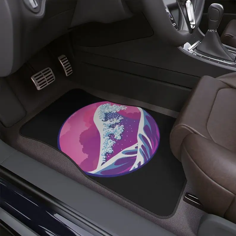 

Vaporwave car floor mat, the great wave off kanagawa, cute car accessories for teens, japanese wave, women, futuristic, pink,pur