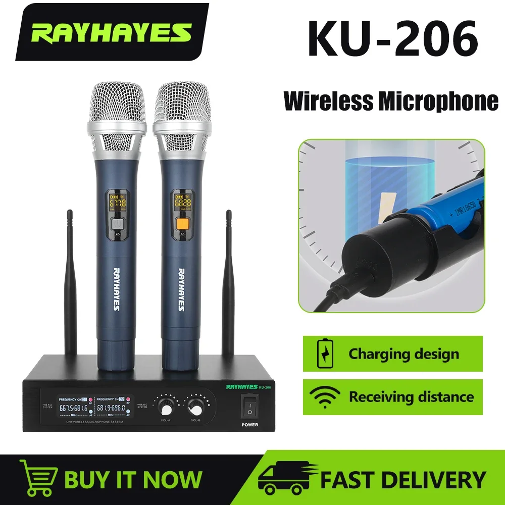 

RAYHAYES KU-206 Rechargeable UHF Wireless Microphone 2 Dual Channel 50M Handheld Mic Microphone System for Karaoke Studios