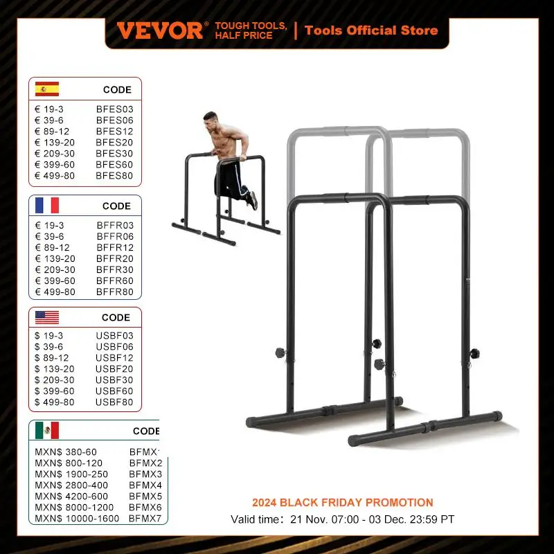 VEVOR Dip Bar 440 lbs Capacity Heave Duty Dip Stand Station with Adjustable Height Parallel Bars for Strength Training Home Gym