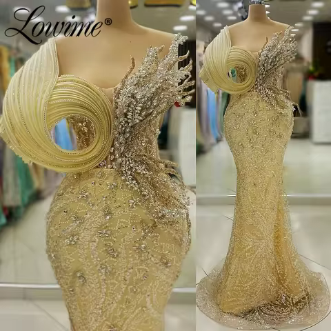 Gold Evening Dresses Off Shoulder Mermaid Prom Dress Customized Luxury Long Celebrity Dress With Crystals Rhinestones for Women