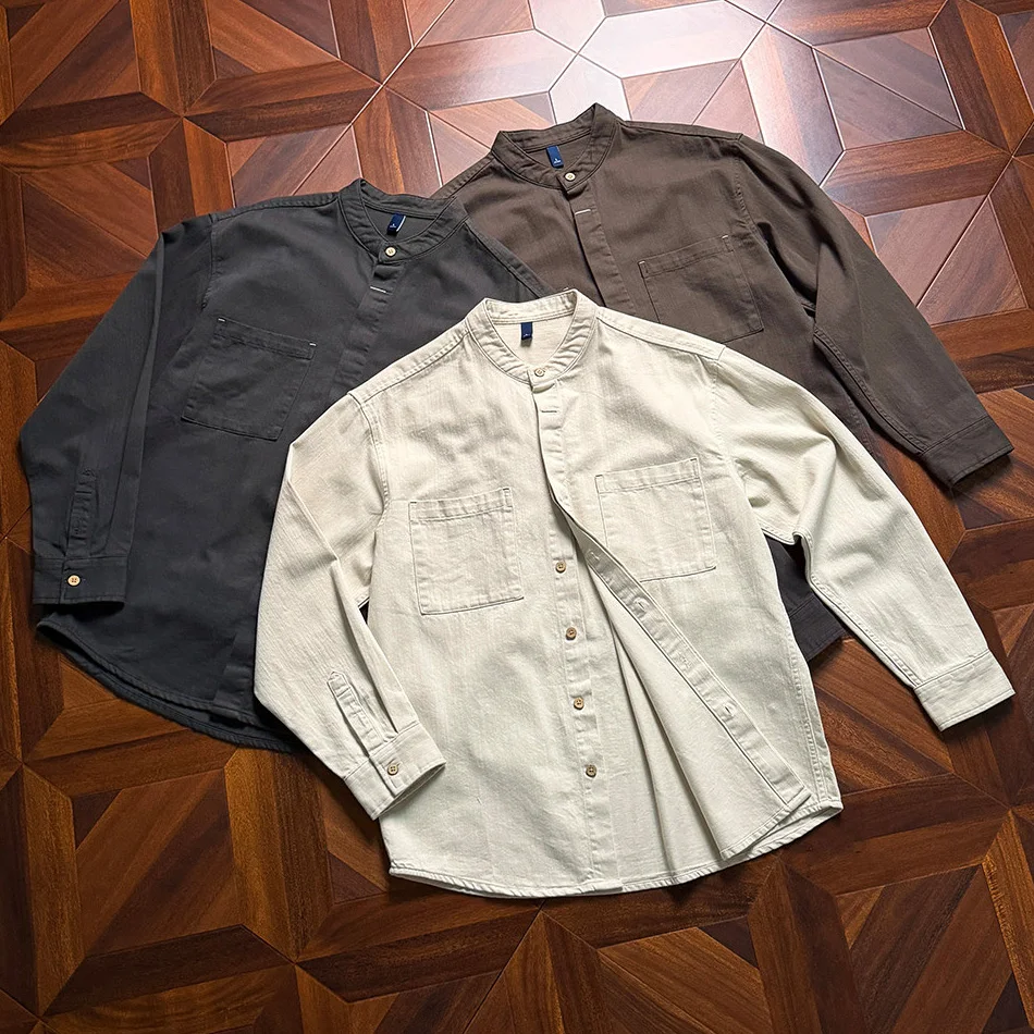 

Men Vintage Fashion Stand Collar Pure Cotton Loose Long Sleeve Business Casual Commute Shirt Cityboy Streetwear Oversize Shirts