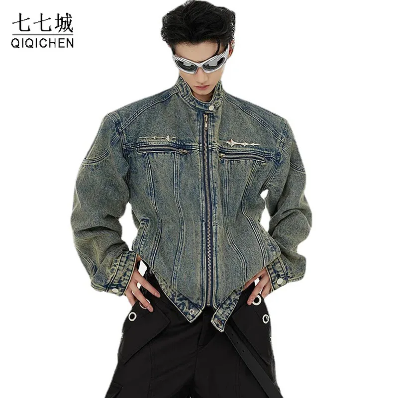 

Mens Denim Jackets Vintage Zipper Pocket Washed Shoulder Pad Jacket Fashion Loose Patchwork Casual Coat Autumn Couple Streetwear