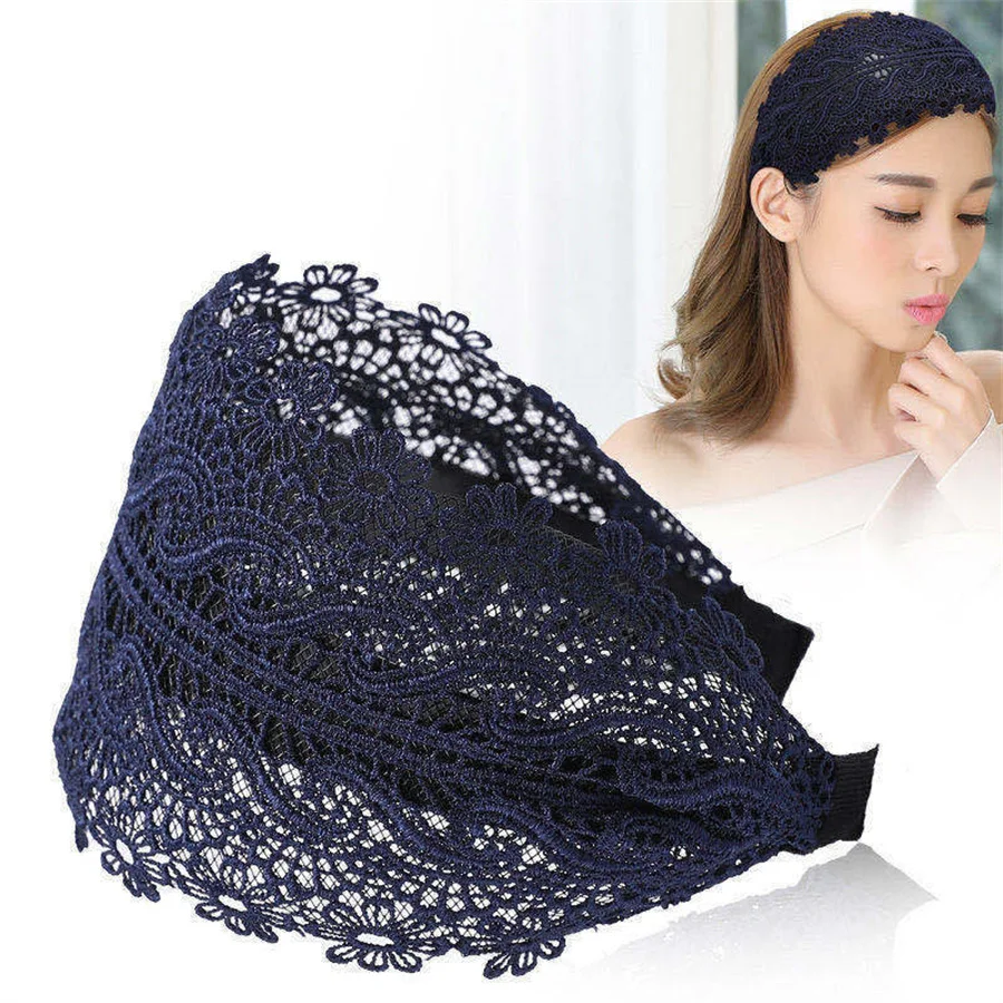 

New Korean retro lace flower headband with fashionable and sweet hollow out wide edge headband for girls and women