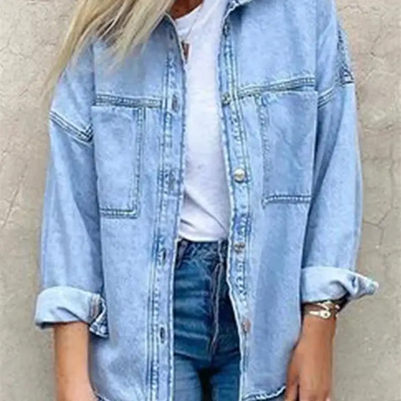 Loose Long Sve Denim irt Spring New Sle 2023 Women's Casual Faion kets Square Collar Color Top