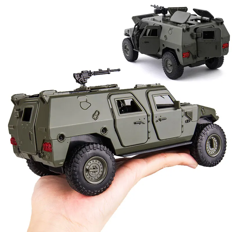 1:28 Alloy Armored Car Model Tactical Military Diecast Metal Vehicle Pull Back Off-road Car Toy LED Sound Open 13 Doors Kid Gift