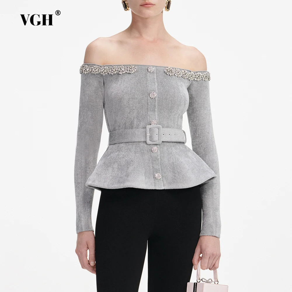 

VGH French Style Elegant Spliced Diamonds Solid Jackets For Women Slash Neck Off The Shoulder Sleeve Autumn Chic Jacket Female
