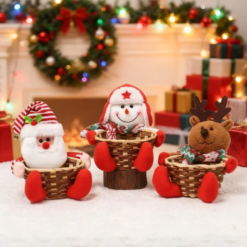 Cesta de dulces de decoración navideña, cesta de frutas de alce, muñeco de nieve, Papá Noel, cesta de mimbre, regalo para niños, cesta de almacenamiento de decoración de mesa