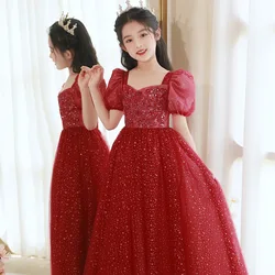 Girls' Red Evening dress 2024 Spring Children's Princess dress host flower child piano performance costume