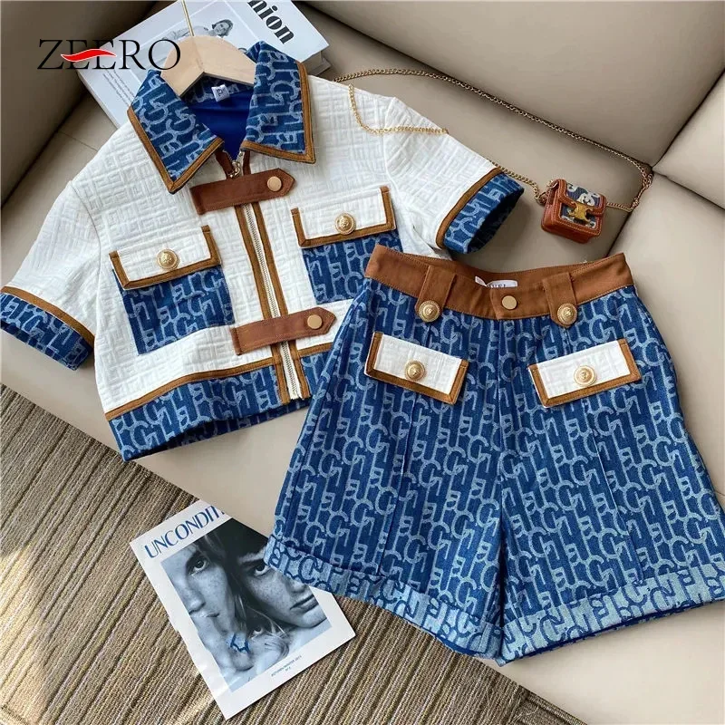 Summer Vintage Denim Pants Two Piece Set Women Contrast Color Zipper Jacket Shirt Crop Top + High Waist Wide Leg Shorts Suits