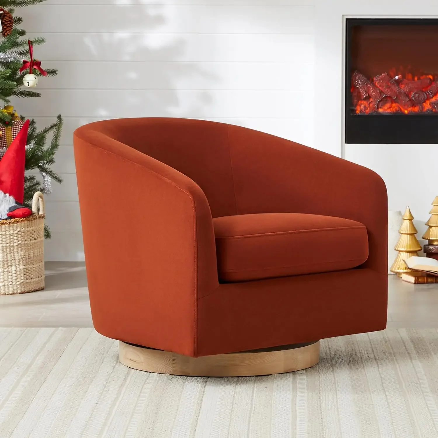 Swivel Accent Chair, FSC Certified Upholstered Velvet Barrel Chair for Living Room Set of 2, Burnt Orange