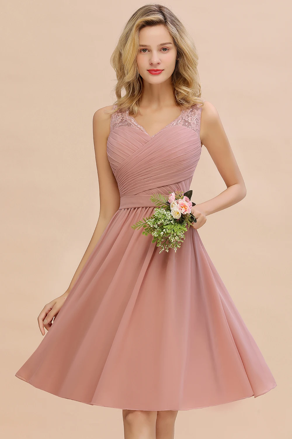 Elegant V Neck A Line Chiffon Bridesmaid Dresses For Wedding Party Fashion Lace Pleated Short Prom Homecoming Gowns Evening