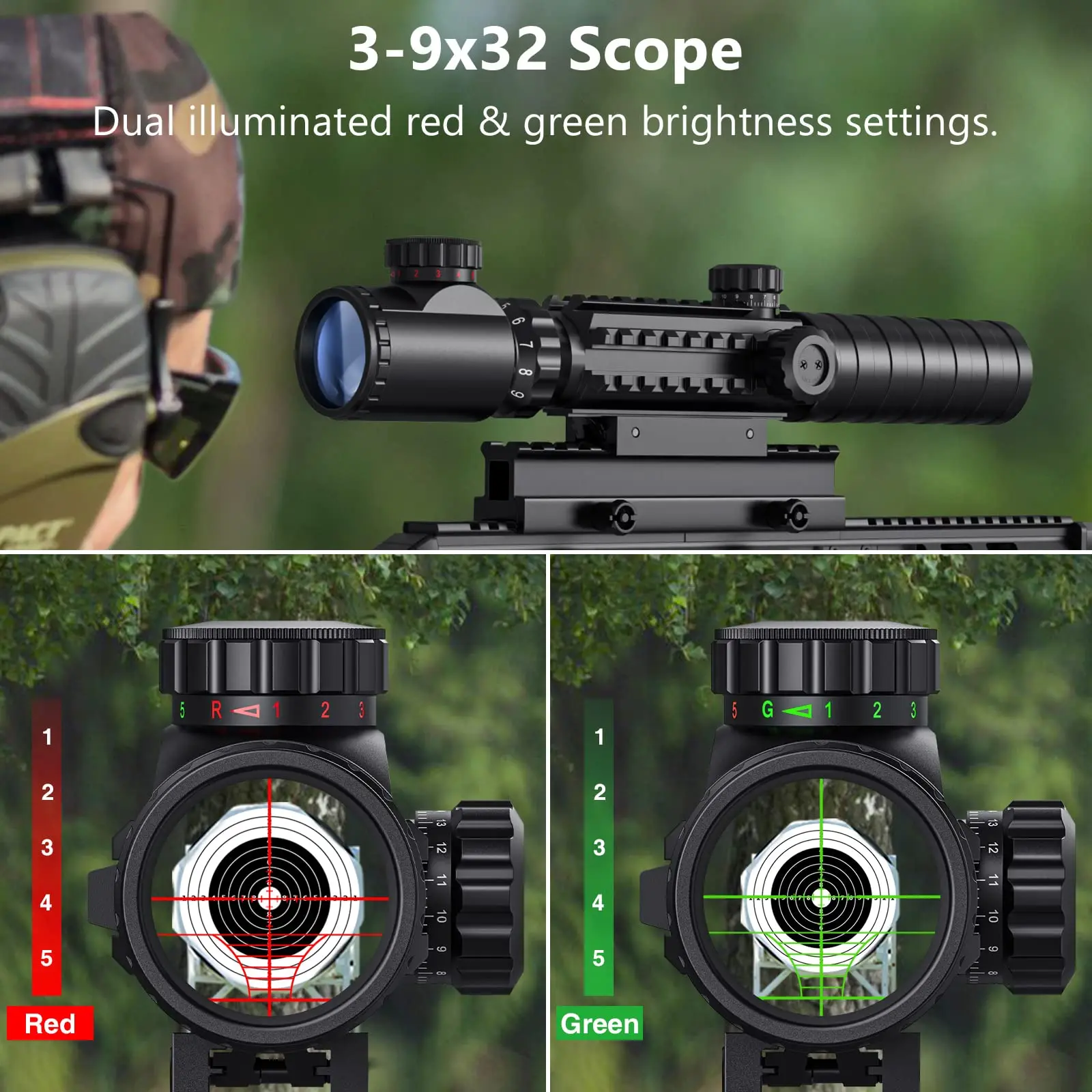 MidTen Riflescope Scope Combo 3-9x32 Set 4 Holographic Reticle Green Dot Sight IIIA/2MW Laser 20mm Mount Dual Illuminated Huntin