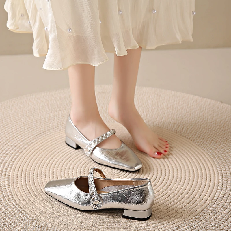 スクエアトゥローヒールクリスタル装飾ファッションレディースシューズ浅い口セクシーでエレガントなカジュアル女性パーティー快適なローヒール