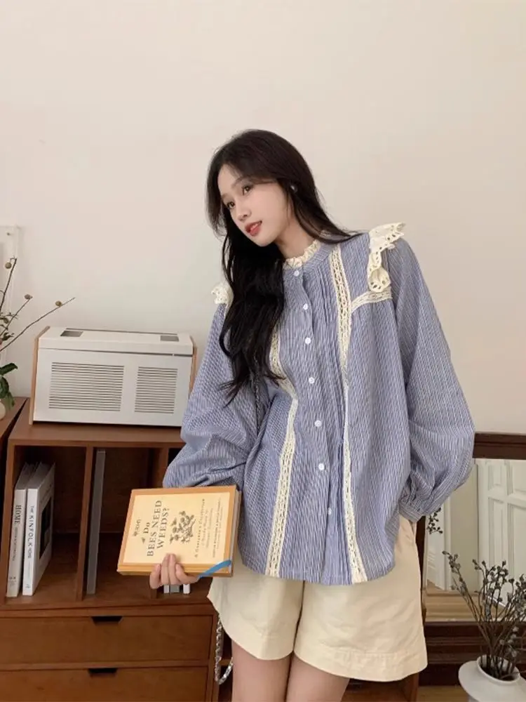 Das Women Korean Patchwork Lace Loose Fitting O-Neck Long Sleeve Shirts, All-Match Buttons, Women Clothing, Ruffles Blouse, Autumn Tops