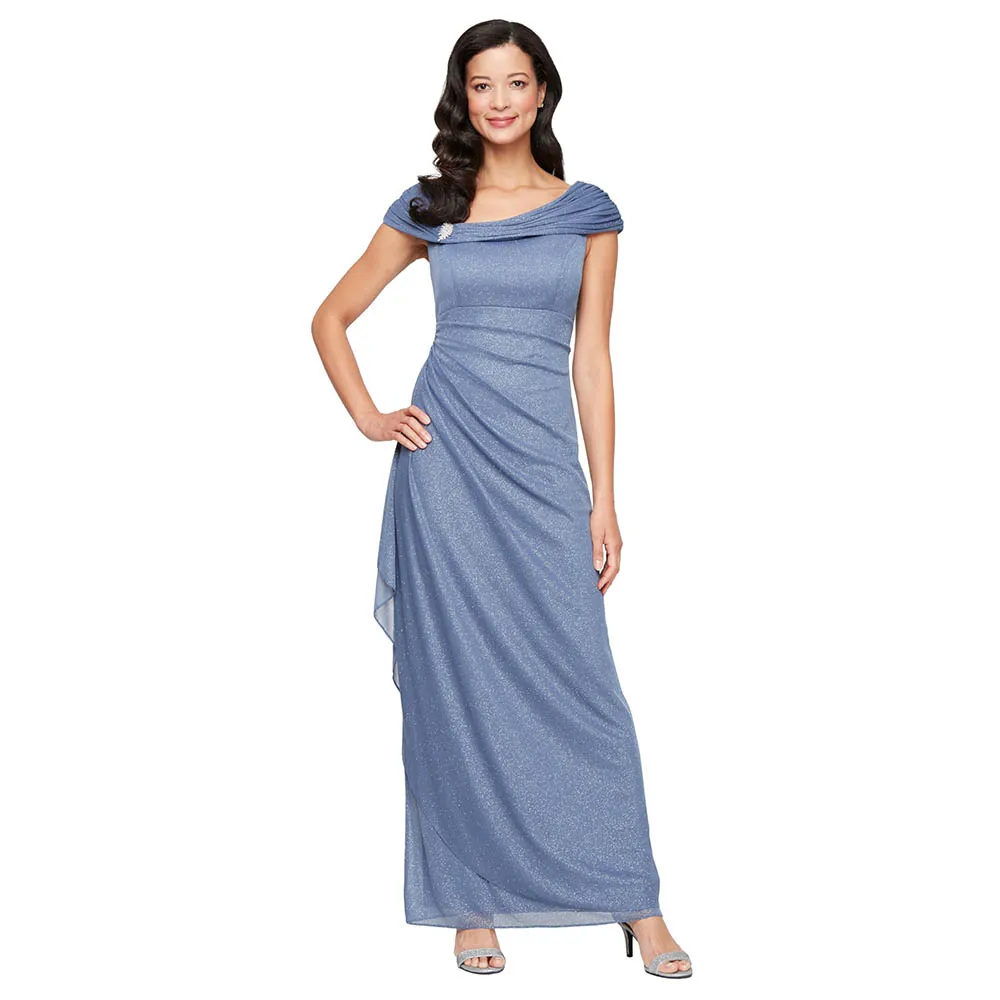 

Customized Women's Long L-Neck Glitter Mesh Mother of the Bride Dress with Ruched Neckline Wedding Party Dresses