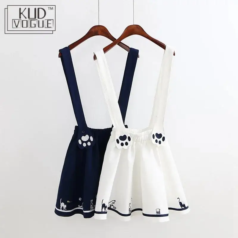 Kawaii Skirt Lolita Harajuku Suspender Skirt Japanese Sweet Cute Cat Paw Embroidery Summer Preppy Mini Skirt Cosplay Christmas