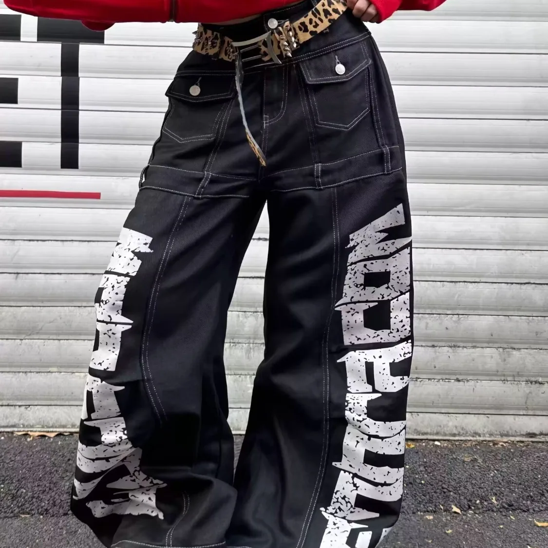 

l Rough Bla Denim Jeans Men Women Spring Autumn New American fiti Loose Straight Floor-Length Wide Leg Pants
