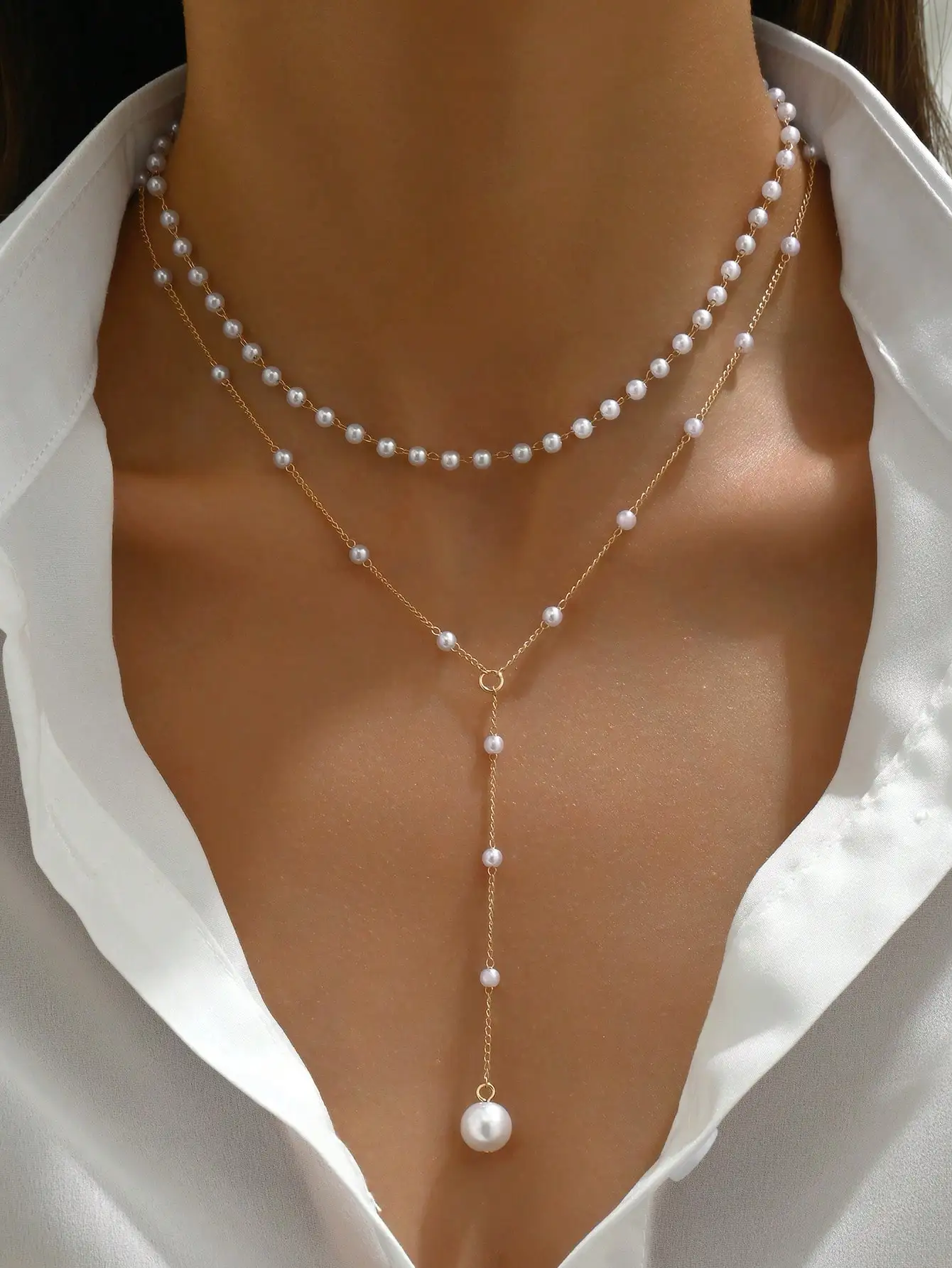 Women Layered Faux Pearl Y Necklace Long Lariat Beaded Chain Choker Statement Boho Party Wedding Jewelry Gift