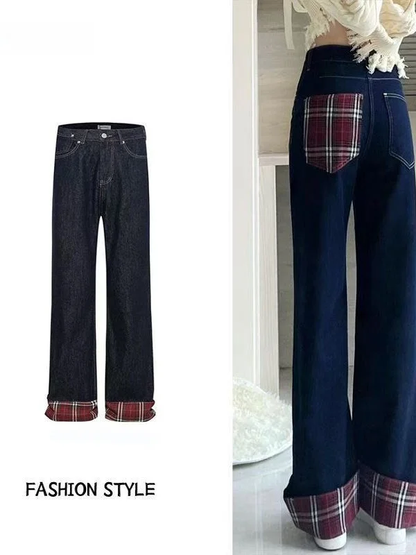 

plus Size Deep Blue Plaid Splicing Jeans Women's Spring Autumn 2025 Loose Slim Wide Leg Floor Length Pants High Waist Long Tr...