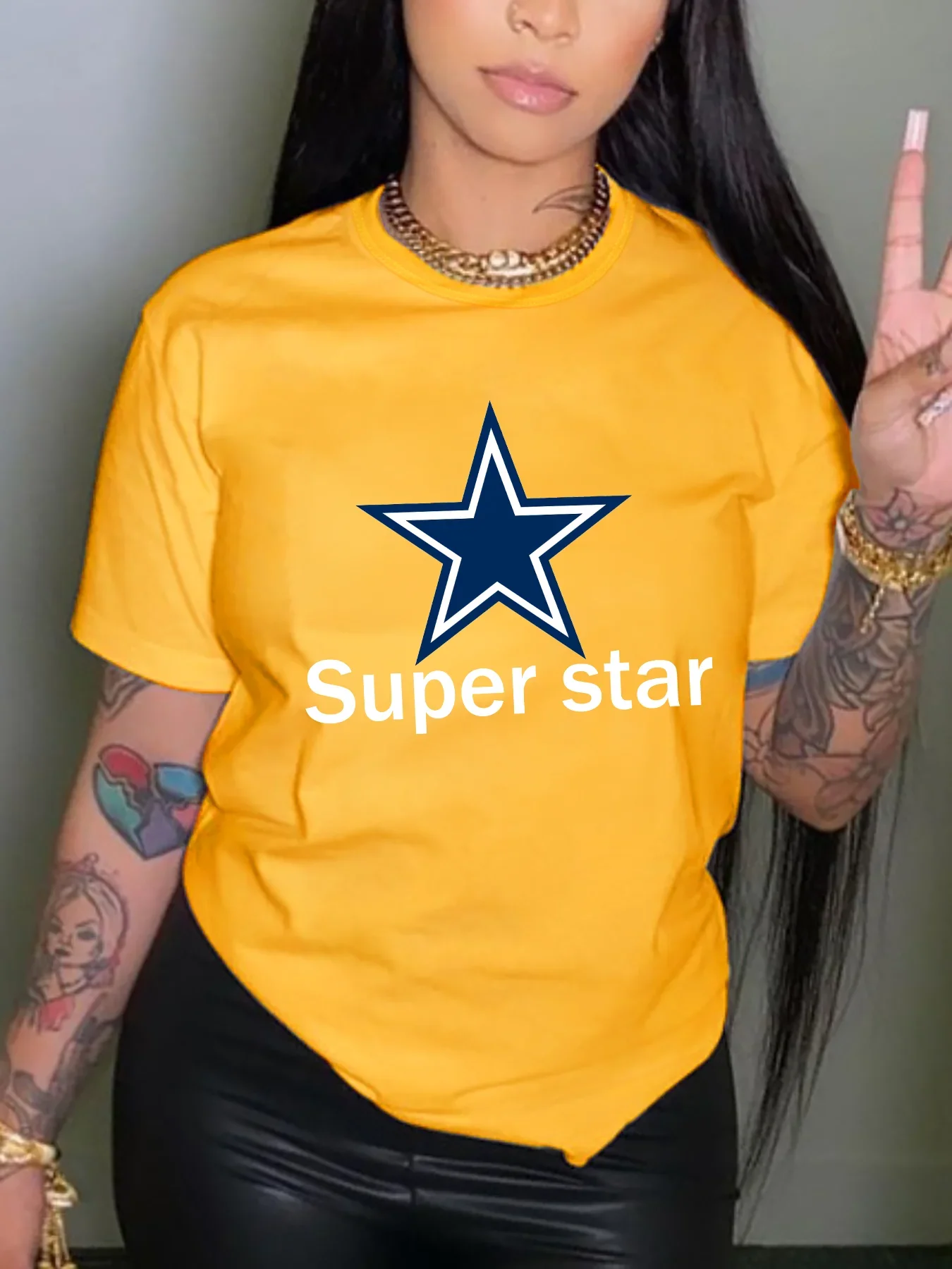 Plus Size Women\'s 6 Colors Summer Casual Short Sleeved O-Neck Printed Graphic Pentagram Letters Super Star Plus Size T-Shirts