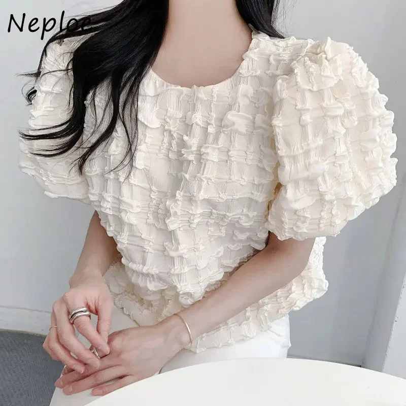 Neploe French Niche Sweet O-Neck Blusas 2025 Summer Solid Color Plaid Blouses Femme Loose Casual Versatile Puff Sleeve Shirt