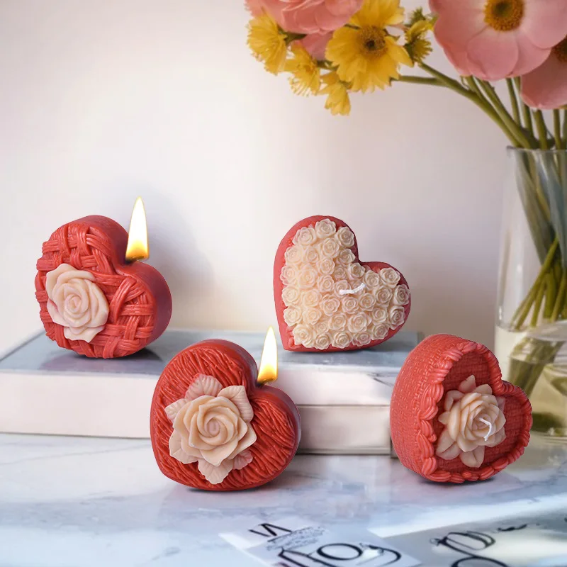 

Woven Love Rose Scented Candle Silicone Mold Diy Valentine's Day Heart-shaped Creative Plaster Resin Mold Candle Making Supplies