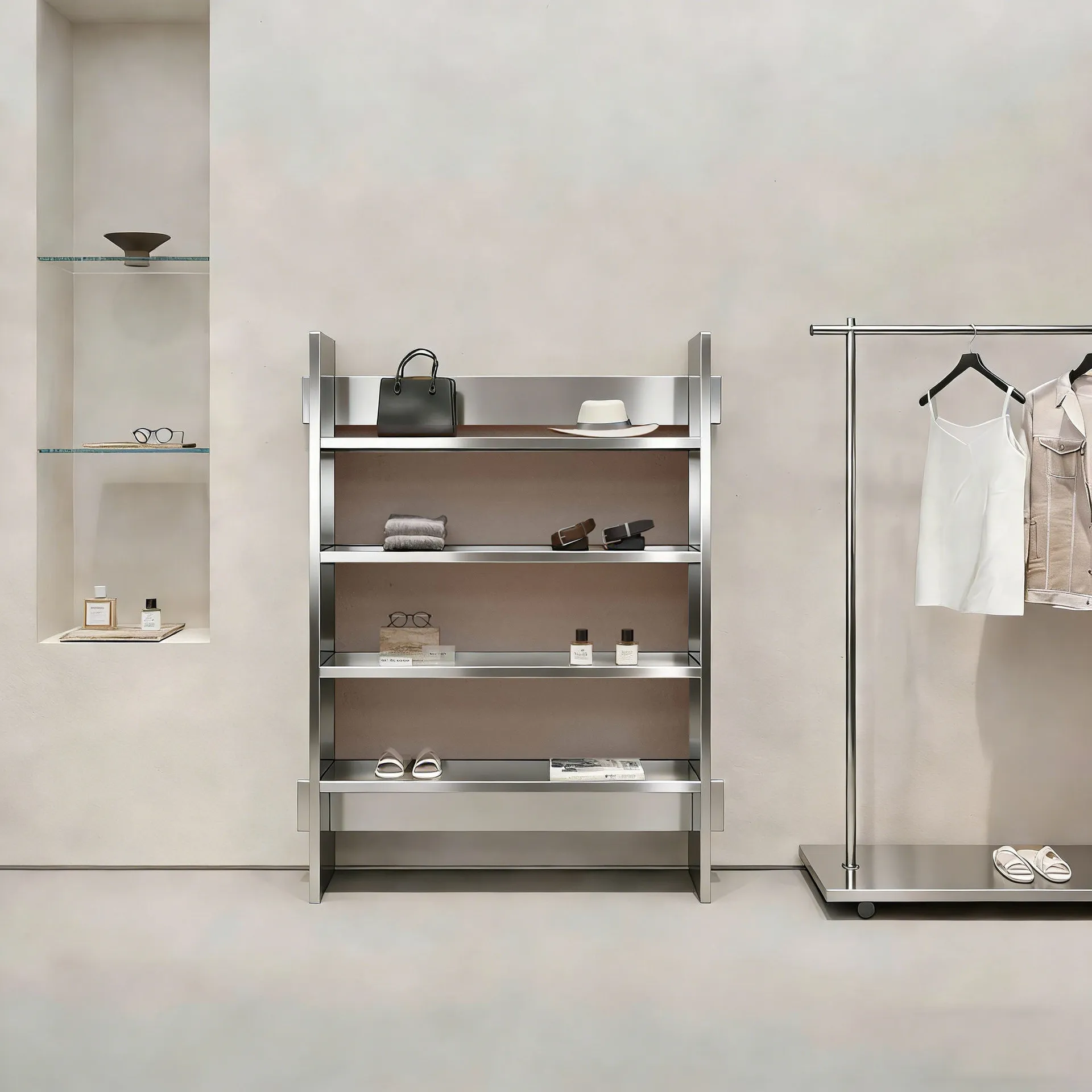 Floor-to-ceiling stainless steel clothing store, flower shoes, bags, decorations, storage and display shelves