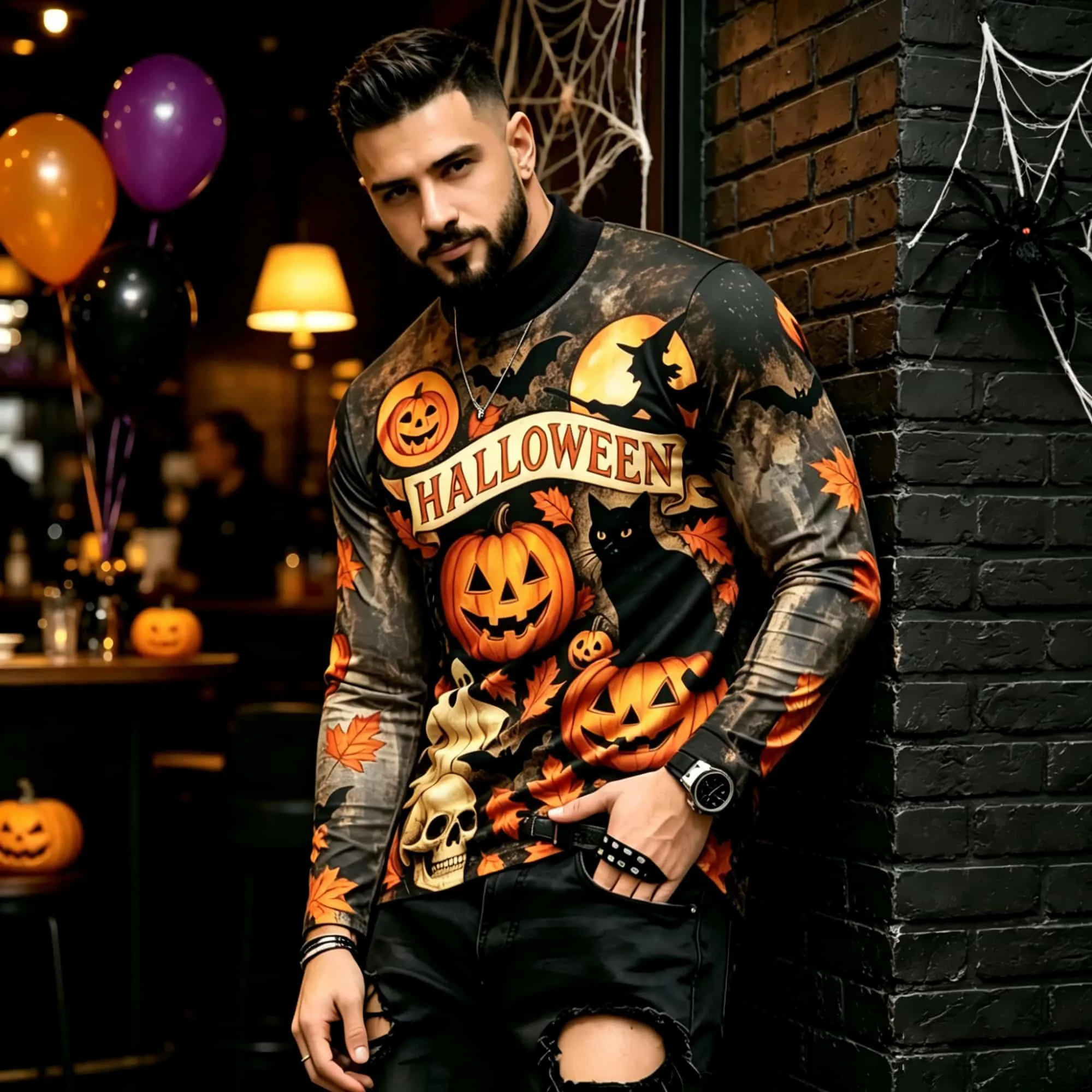 Casual Fashion Street Style Halloween Printed Long‑Sleeve T‑Shirt Pumpkin Ghost Black Cat Patterns Trendy Versatile Men’s Top