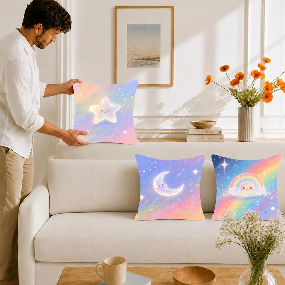 Art Symbol Rainbow Star Sun Moon Cushion Cover Portable floor cushion for travel Yoga Minimalist text 2way tricot