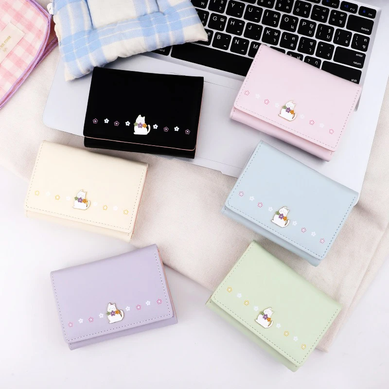 6 Colors Triple Folding Short Wallet Multiple Card Clips Pu Lovely Women Premium Sense Spacious Ins Student Wallet For Bank Note