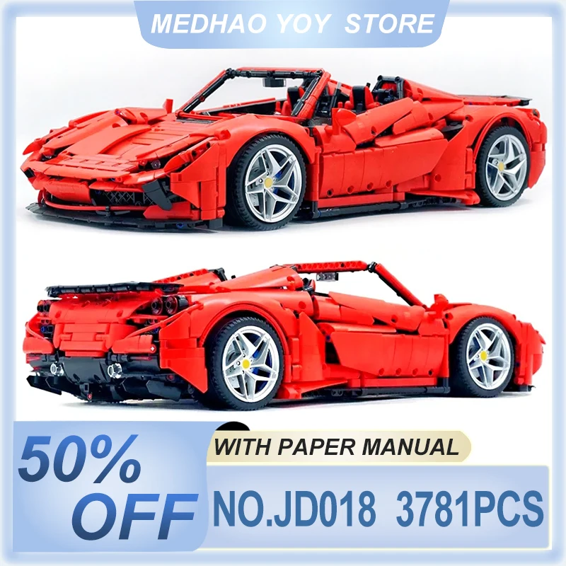 F8 สีแดงรถกีฬารุ่นบล็อกตัวต่อ MOC JD018 รถเปิดประทุนอิฐไอเดียไฮเทคของเล่นชุดคริสต์มาสของขวัญเด็กผู้ใหญ่