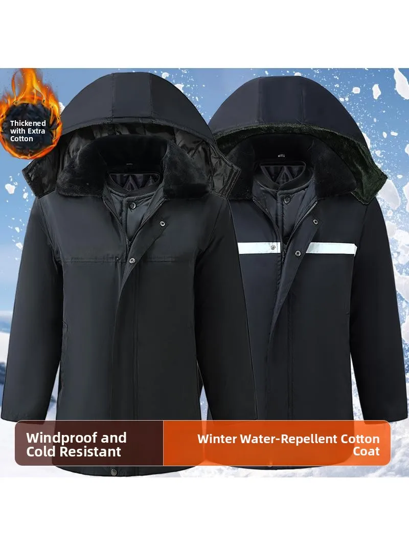 

Men's Winter Thickened Fleece Lined Work Cotton Jacket Cold Storage Waterproof Windproof Warm Coat Long Zipper Pure Color