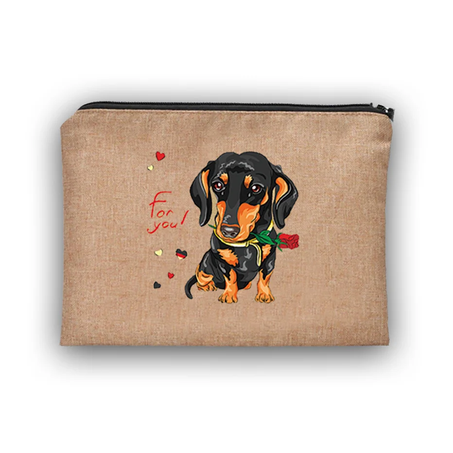 Cartoon Dog Cosmetic Bag Ultra-Portable Zipper Closure Travel and Everyday Use linen fabric Storage Bags Fashionable Makeup Bag