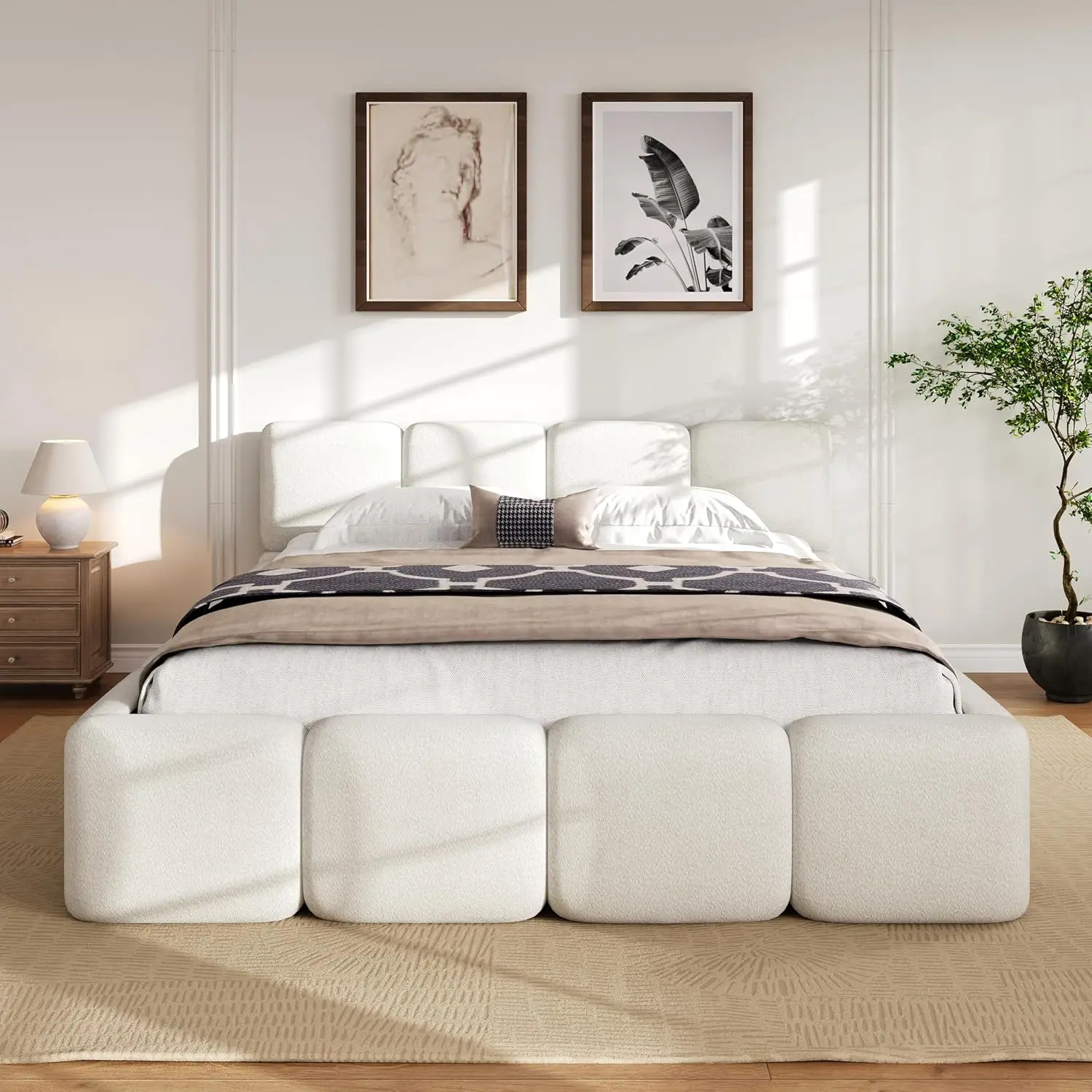 Queen Boucle Upholstered Floor Bed with Headboard White, Customized