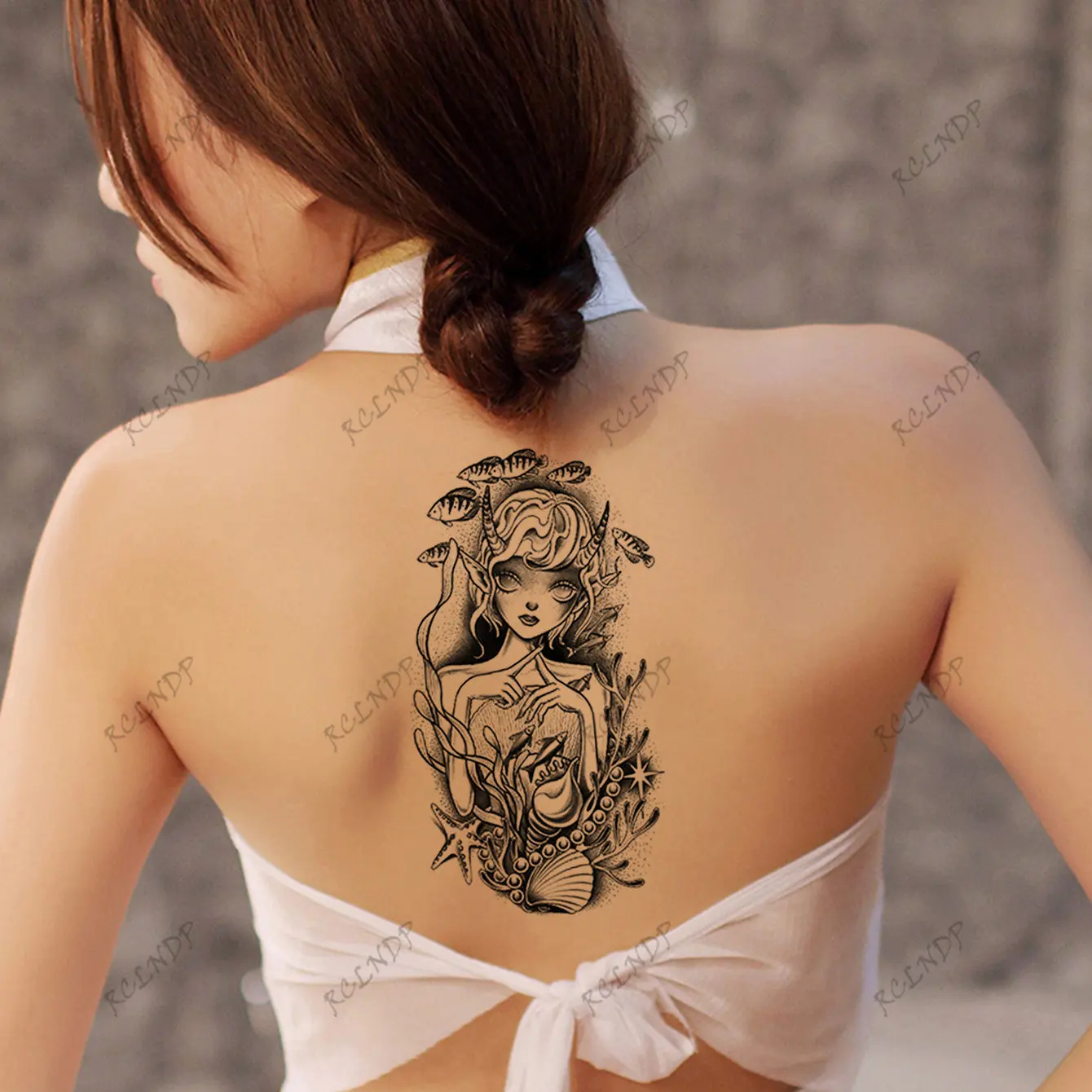 กันน้ำชั่วคราว Tattoo สติกเกอร์ Shell ปลาดาวสาวเซ็กซี่ Conch Seaweed ด้านหลังแขนรอยสักแบบด่วนปลอม Tattoo สำหรับชายหญิง