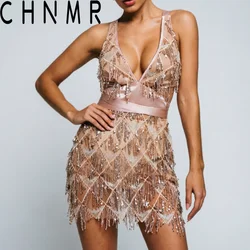 CHNMR Sexy Sequins Bodycon Mini Dress Women's V-neck Back Cross Drawstring Cocktail Party Dresses Fashion Sparkle Lady Vestidos