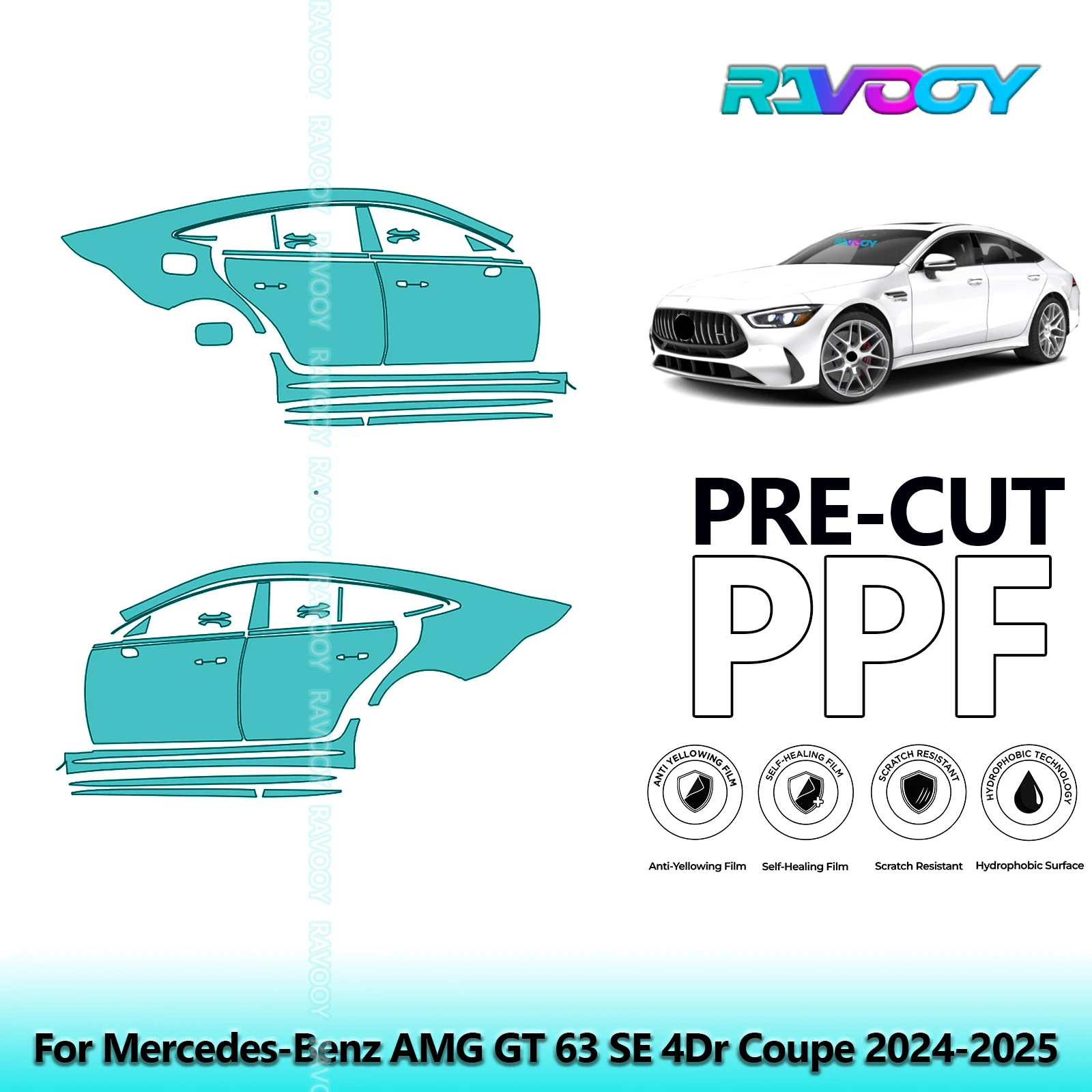 

For Mercedes-Benz AMG GT 63 SE 4Dr Coupe 2024-2025 8.5mil Pre-Cut PPF Door & A/B Pillar Kit TPU Paint Protection Film Set