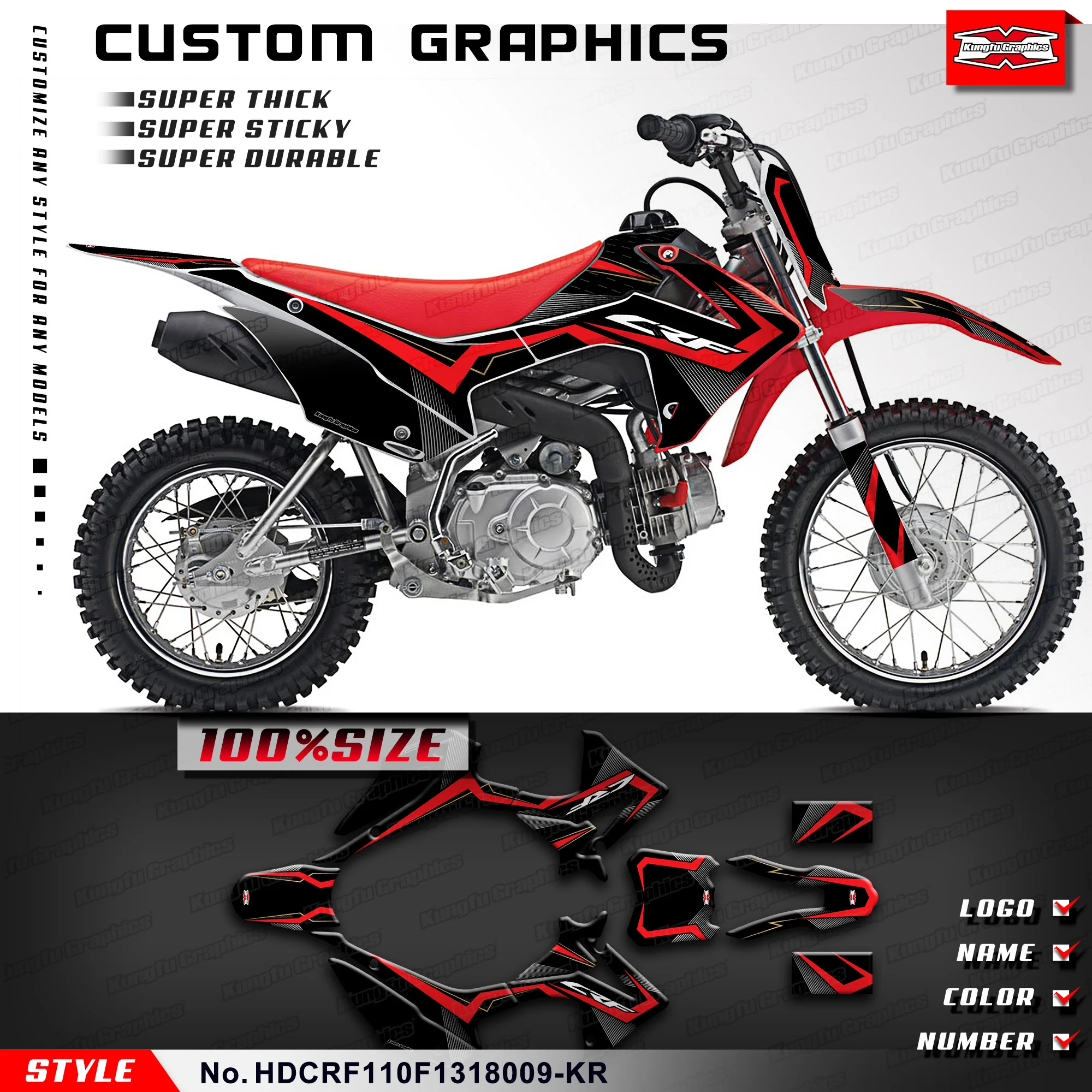 KUNGFU GRAPHICS Decals Wrapping for Honda CRF110F CRF 110F 2013-2018 Black Plastic Kit, HDCRF110F1318009-KR