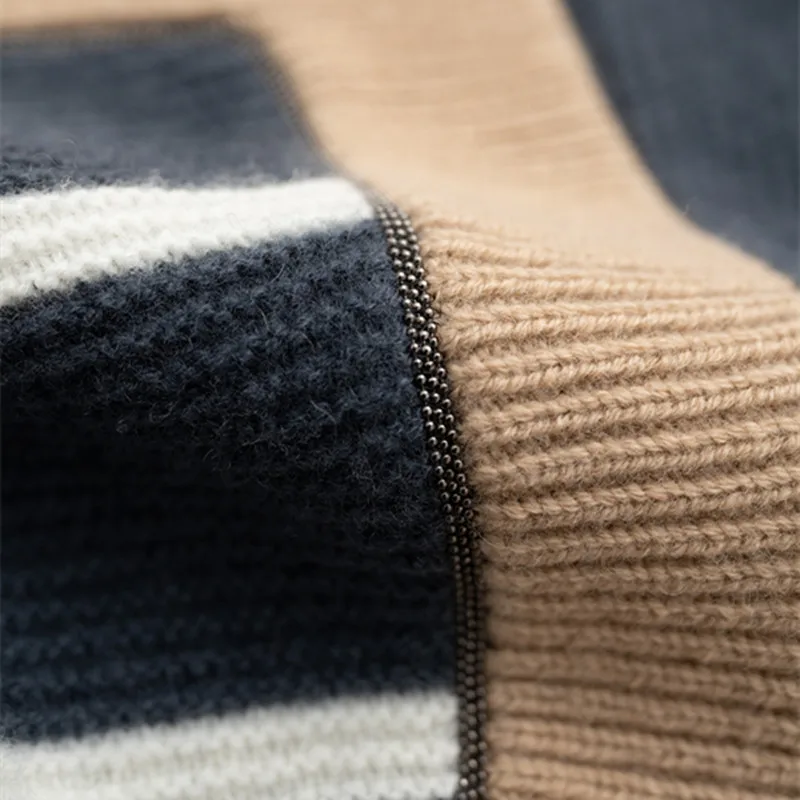 

Chain Color-contrast Striped Half-high Collar Knitted Cardigan Cashmere Wool Thickened Jacket Women's Casual All-match Top