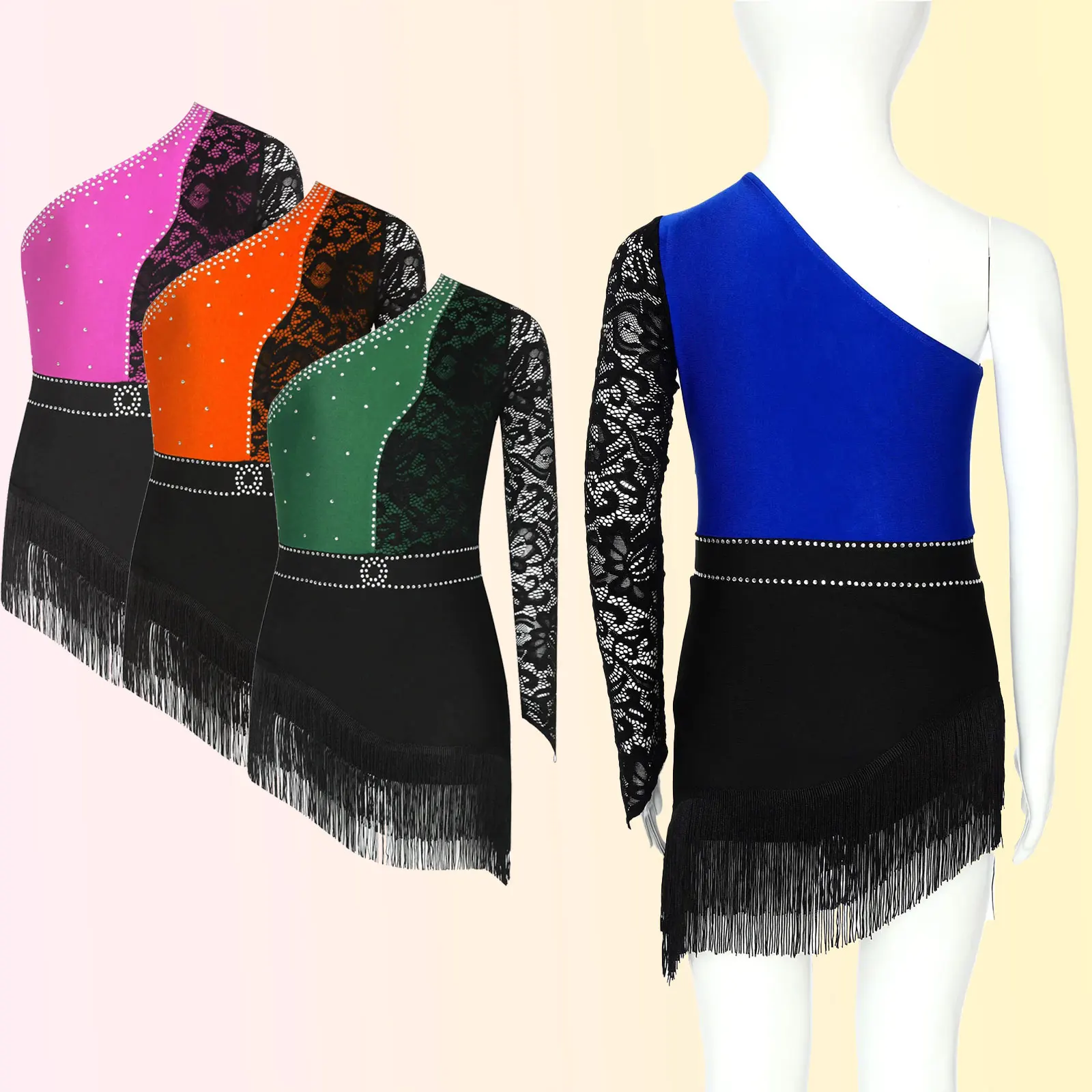 

Latin Dance Dress Kids Girls Rhinestones Lace Tassel Professional Competition Suit Children Tango Samba Rumba Jazz Stage Costume