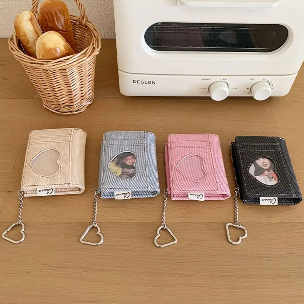 Gifts PU Short Wallet Metal Chain Heart Window Card Holder Wallet Snap Closure Bag Accessories