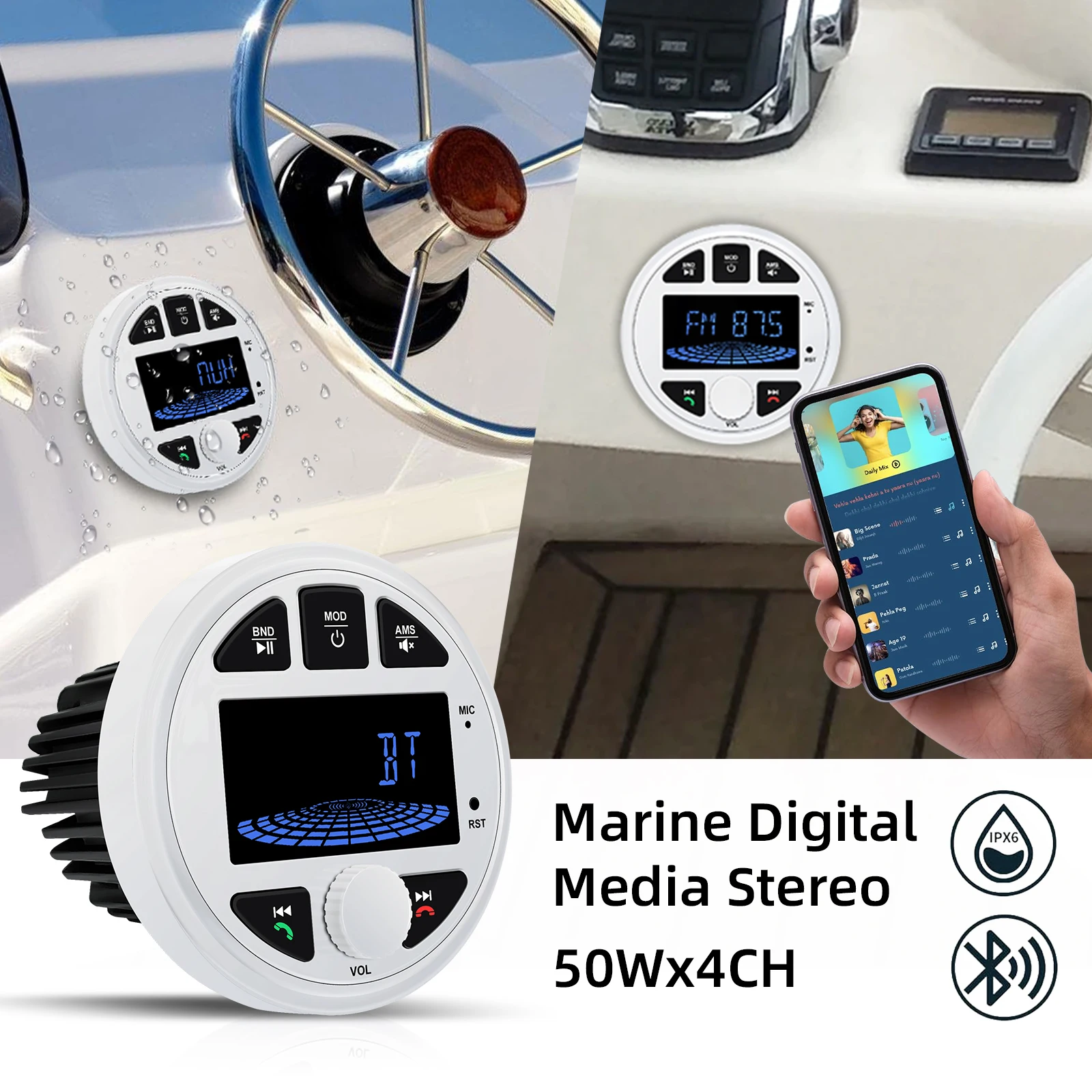 

Ezonetronics Waterproof Bluetooth Marine Stereo 3’’ LCD, FM/AM,USB/AUX, subwoofer support. Digital MP3 player,marine/sauna-aud