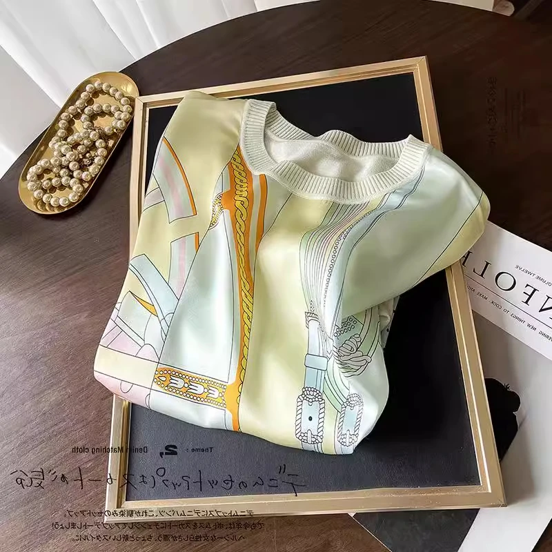 

Outlet Big Brand Women's Silk Print Splicing Knitted T-irt ort Sve Small irt Commute Sle Slim Fit Cotton Polyester...