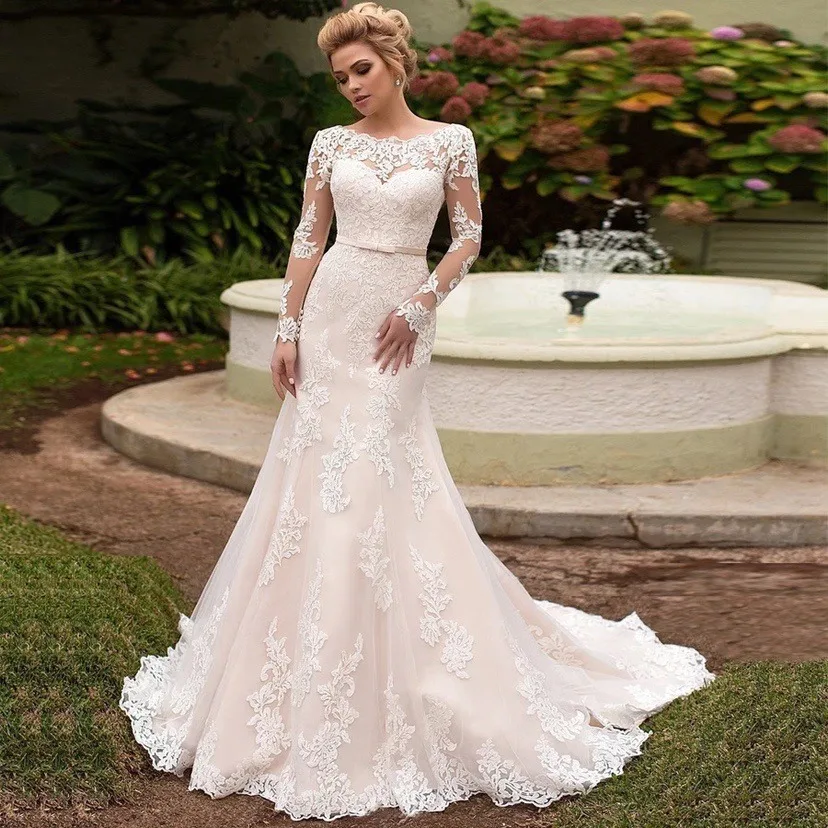 

Long Sleeve Lace Mermaid Wedding Dress 2023 Summer New Backless Lace Applique Bride Dress Vestido De Noiva Plus Size Made Custom