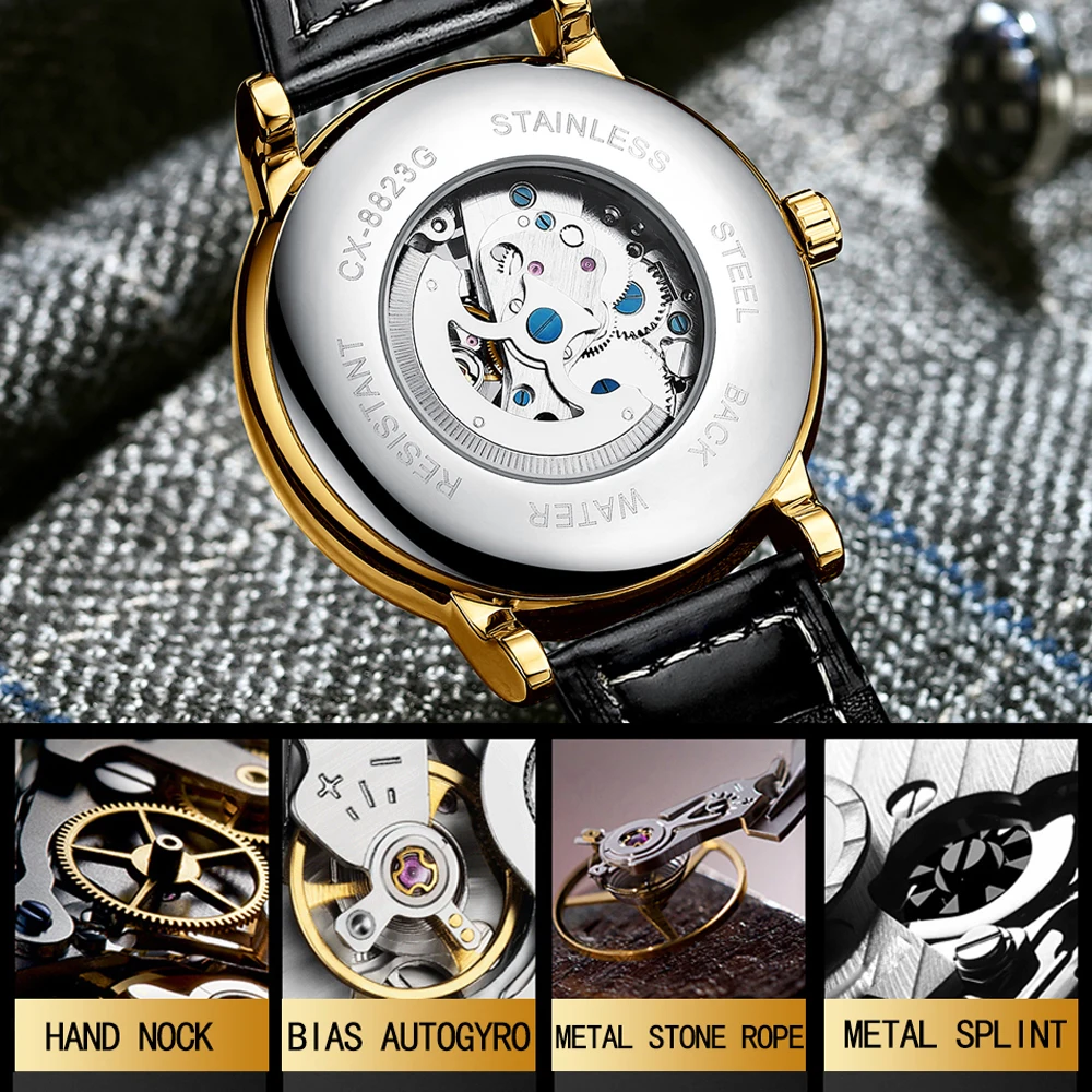 CHENXI Men\'s Mechanical Automatic Hollow Watch Luxury Brand Leather Luminous Waterproof Men Casua Business Wristwatch