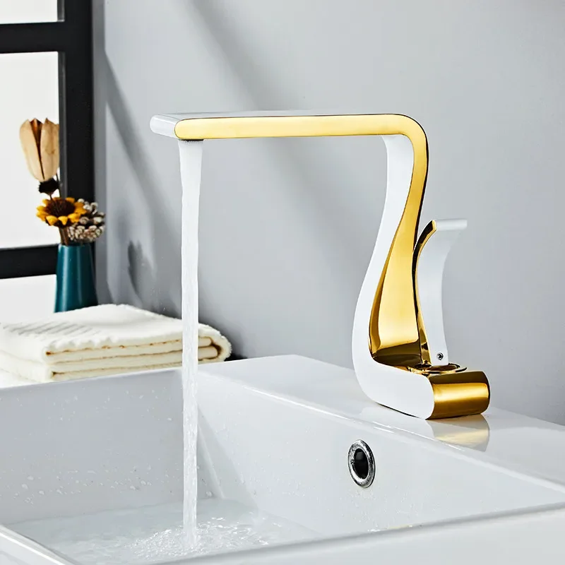 

Basin Faucet Gold and White Bathroom Mixer Tap Brass Gold Wash basin Hot and Cold Sink New Modern